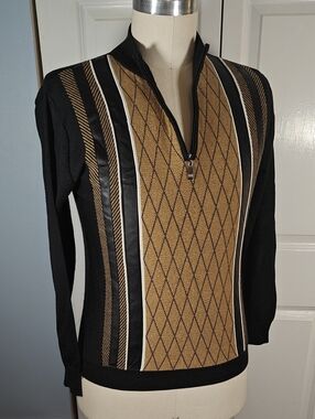 Vintage 80s Miko Men Wool Blend Diamond Pattern Quarter Zip Sweater Medium